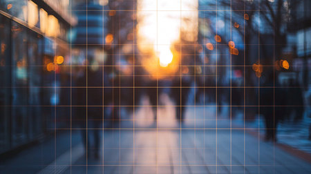 Blurred image of people walking in the city at sunset. Abstract background.の素材