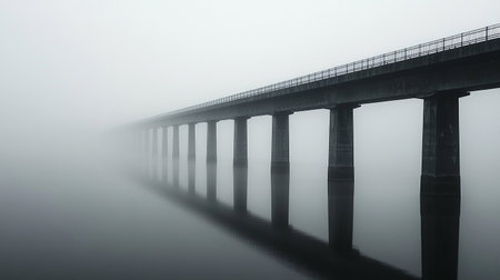 A long exposure of a bridge in a foggy, misty morningの素材