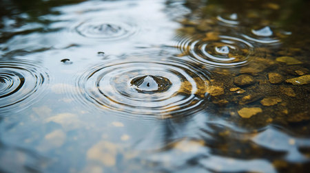 Water drop falling into a puddle with ripples and ripplesの素材