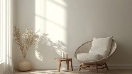 interior with wicker armchair and vase, 3d renderの素材