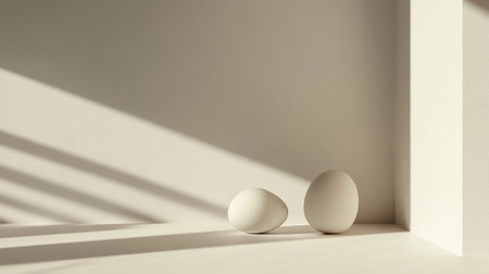 Two white eggs on a white background with shadows. 3d renderの素材