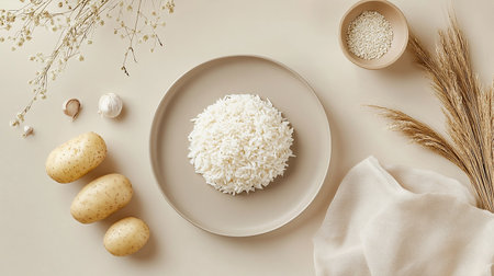 Top view of white rice in a plate on beige background.の素材