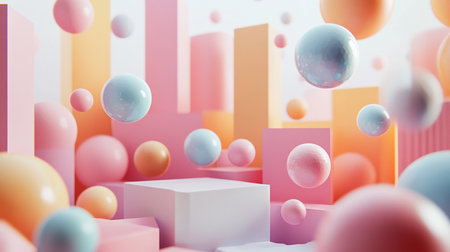 Abstract 3d rendering of minimal geometric shapes composition. Sci-fi background with pastel colors.の素材