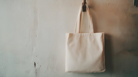 Eco bag on white wall background, zero waste shopping concept.の素材