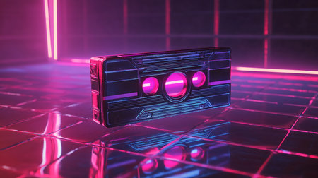 Retro audio cassette tape in neon light. 3d illustration.の素材