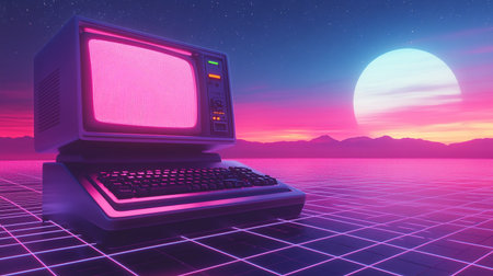 3d rendering of a vintage computer monitor on a futuristic background.の素材