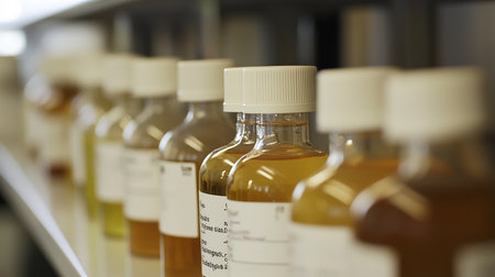 Bottles of oil in a laboratory. Shallow depth of fieldの素材