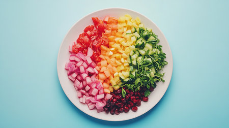Vegetarian salad with pomegranate, cucumber, radish and tomatoes on blue backgroundの素材