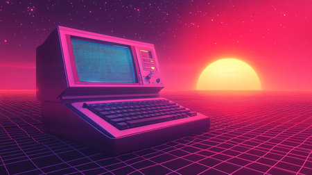 Retro computer with the sun in the background. 3d renderingの素材
