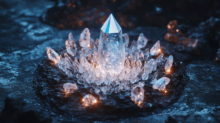 Magic crystal with crystals on black stone background. 3D Renderingの素材