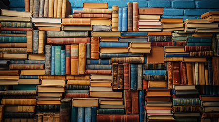 Pile of old books on a blue brick wall background. Toned.の素材