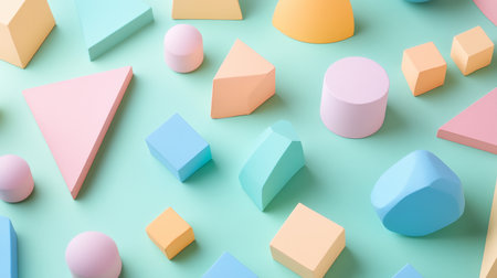 Colorful geometric shapes on pastel blue background. 3d renderの素材