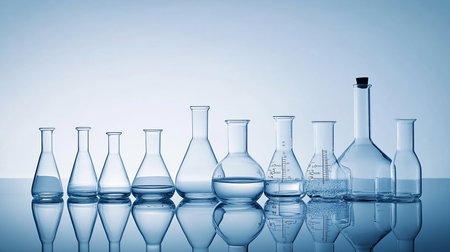 Laboratory glassware on blue background, science research and development conceptの素材