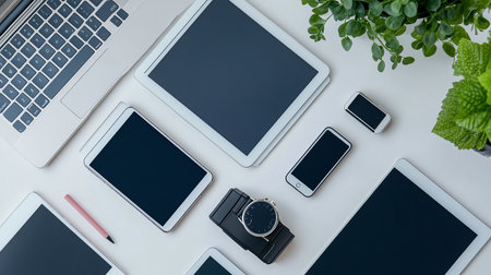 Top view of modern workplace with laptop, tablet, smart watch and green plantの素材