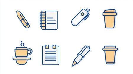Set line Pencil with eraser, Coffee cup to go, Notebook and Coffee cup to go icon. Vectorの素材