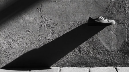 Black and white photo of sneakers on a concrete wall with shadow.の素材