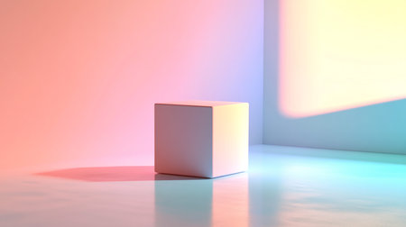 3d rendering of a white cube on a blue and pink backgroundの素材