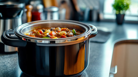 cooking, food and home concept - close up of beef stew in potの素材