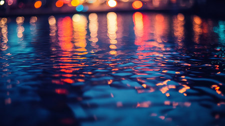 Rain drops on the surface of the water with blurred lights in the backgroundの素材