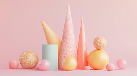 Easter decoration with pastel colored eggs and ice cream cones on pastel pink background. 3d renderの素材