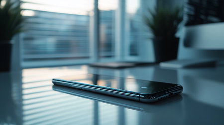 Close up of smart phone on black table in office. Business and technology concept.の素材