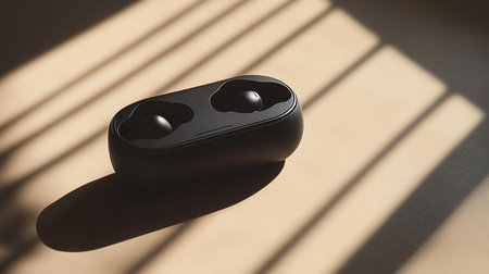 Black wireless earphones with shadow on the floor. Selective focus.の素材