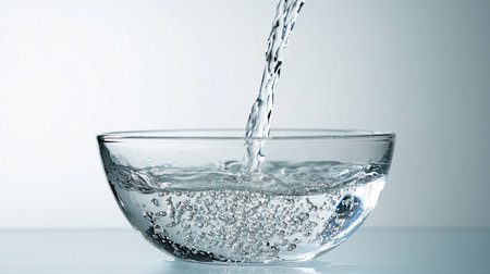 water pouring into a glass bowl on white background with copy space.の素材