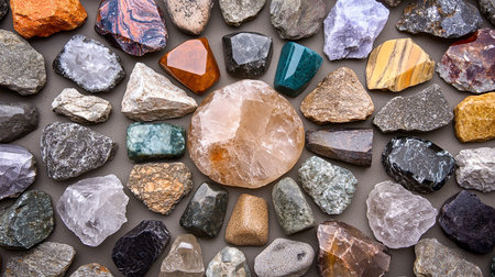 Variety of natural mineral gemstones. Multicolored pebbles on gray background.の素材