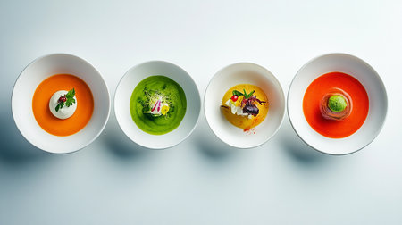 Top view of four colorful soups in bowls on white background.の素材