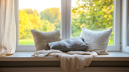 Comfortable pillows on window sill in country house, interior designの素材