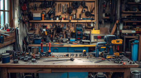 Tools on a workbench in a workshop. Selective focus.の素材