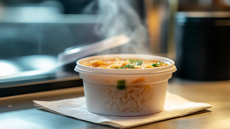 Hot and spicy japanese noodle in plastic box on the tableの素材
