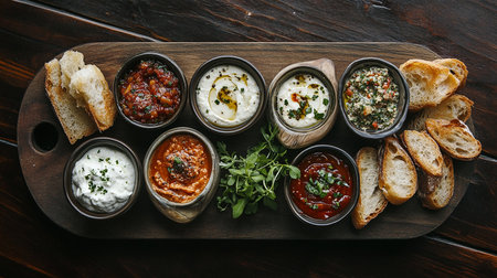 Variety of greek appetizers on wooden board, top viewの素材