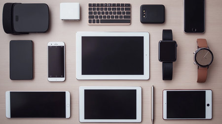 Tablet pc, smartphone, smart watch and computer keyboard on wooden tableの素材