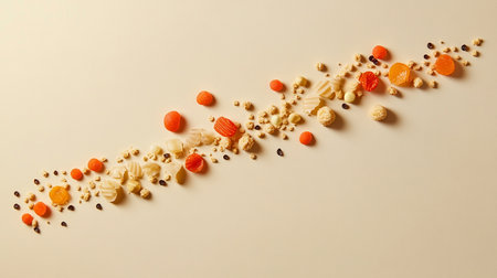 Different types of cereals on a beige background, top viewの素材