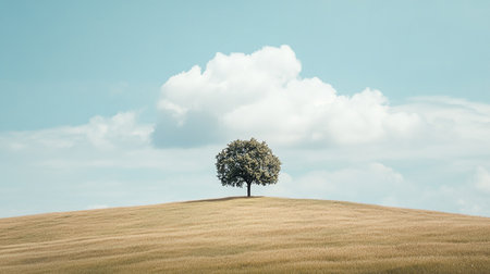 Single tree on the hill with blue sky and white clouds background.の素材