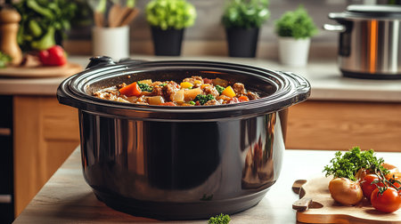 Vegetable stew with meat and vegetables in a black pot on the kitchen tableの素材