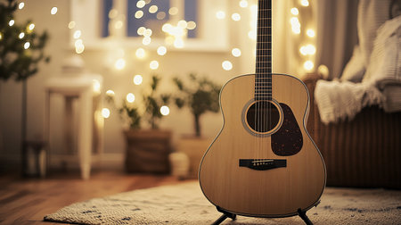 Acoustic guitar on carpet in living room with bokeh lightsの素材