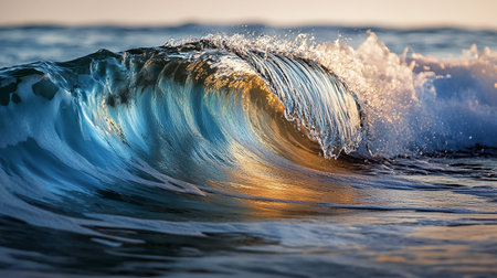 Ocean wave breaking on the beach at sunset. Close-up of blue ocean waveの素材