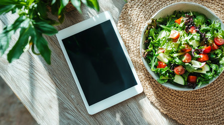 Healthy Lettuce Salad with Digital Tablet and Copy Space.の素材