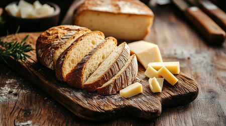 Slices of bread with butter and rosemary on wooden boardの素材