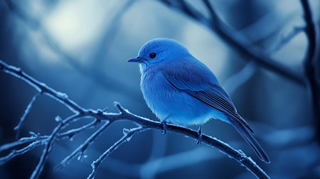 Blue bird sitting on a branch in the winter forest. Toned.の素材