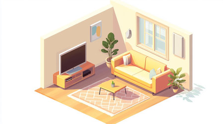Living room isometric composition with sofa and tv on carpet vector illustrationの素材