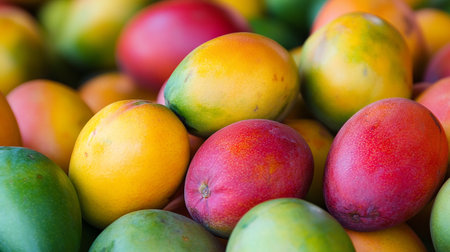 Mango fruit on display at a farmers market in the Provence, France.の素材