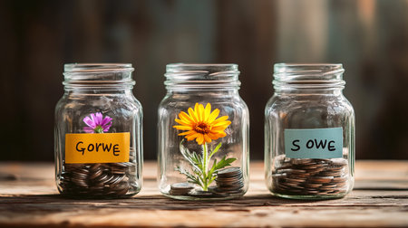 Coins in glass jars on wooden background. Save money concept.の素材