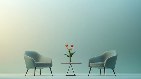 Two chairs and a vase of tulips on the table. 3D renderingの素材