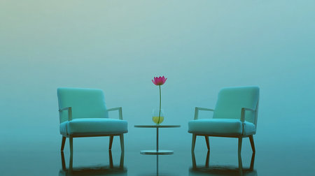 Two armchairs and a vase with a flower on a blue backgroundの素材