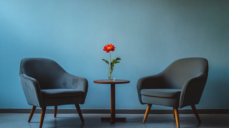 Two armchairs and a red flower on a blue wall background.の素材
