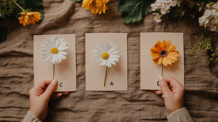 Flat lay composition with daisies in woman's hands.の素材