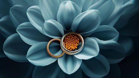 Wedding rings on a blue dahlia flower. 3D renderingの素材